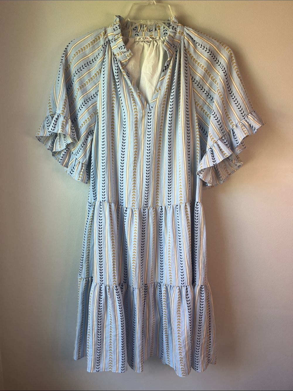 Joy Joy Light Blue and Cream Striped Ruffle Midi Dress